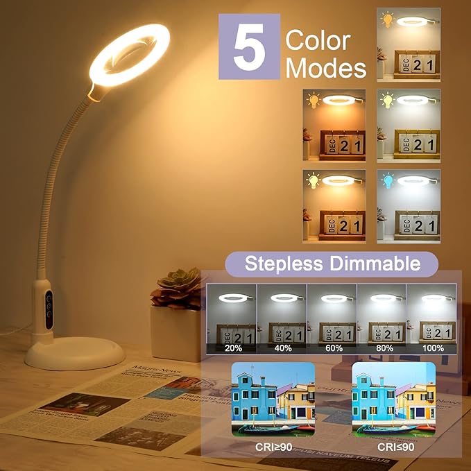 2-in-1 Magnifying Glass with Light and Stand, 5 Lighting Modes Stepless Dimmable LED Magnifying Clamp Lamp, 10X Desk Lighted Magnifier Hands Free for Craft Close Work Mini Painting Hobby White - LeafyLoom