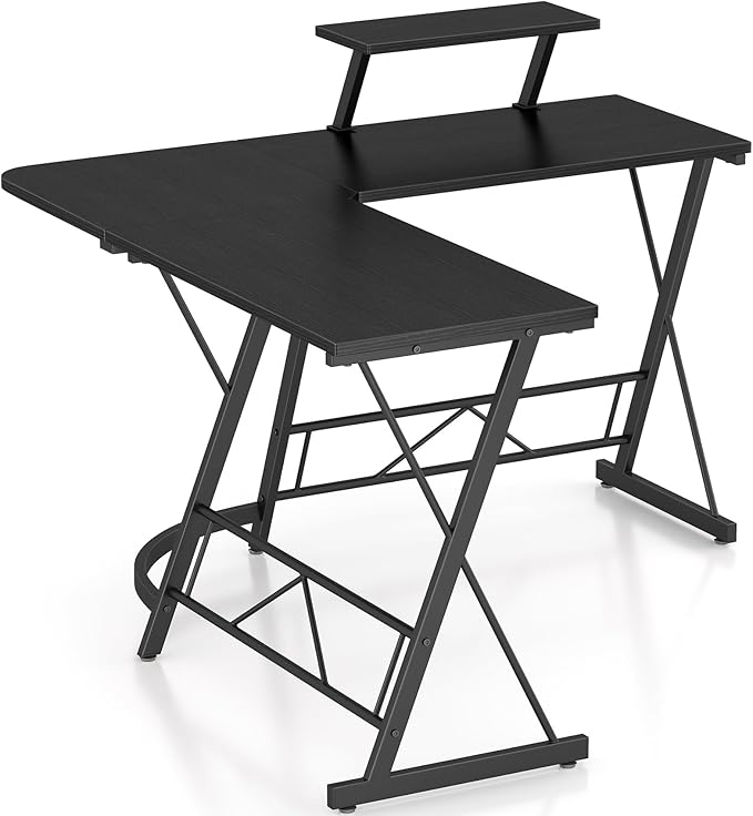 Mr IRONSTONE L Shaped Gaming Desk Corner Computer Desk, Home Office Desks Writing Workstation with Large Monitor Stand, Easy to Assemble (Black,51 Inch) - LeafyLoom
