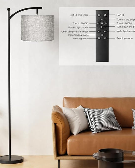 Ambimall Floor Lamp with Remote Control and Stepless Dimmable Bulb, Colors Temperature & Brightness Adjustable, Modern Floor Lamps for Living Room（Grey Shade & Black Pole） - LeafyLoom