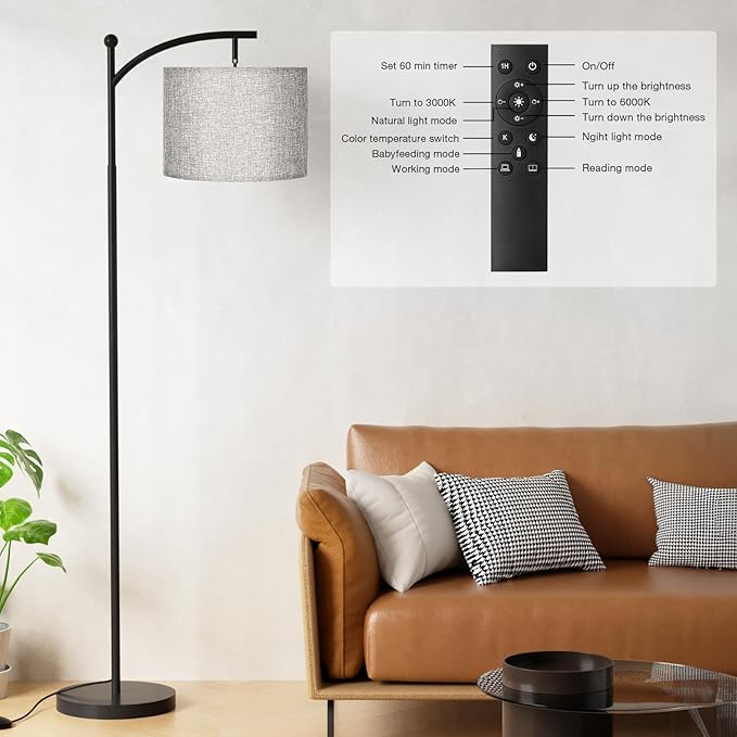Ambimall Floor Lamp with Remote Control and Stepless Dimmable Bulb, Colors Temperature & Brightness Adjustable, Modern Floor Lamps for Living Room（Grey Shade & Black Pole） - LeafyLoom
