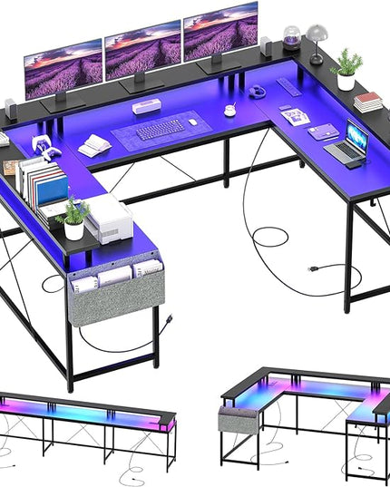 U Shaped Computer Gaming Desk, Reversible L Shaped Desk with Power Outlets, LED Strip & Monitor Stand, Large Corner Desk with Storage Shelves for Home Office, Black - LeafyLoom