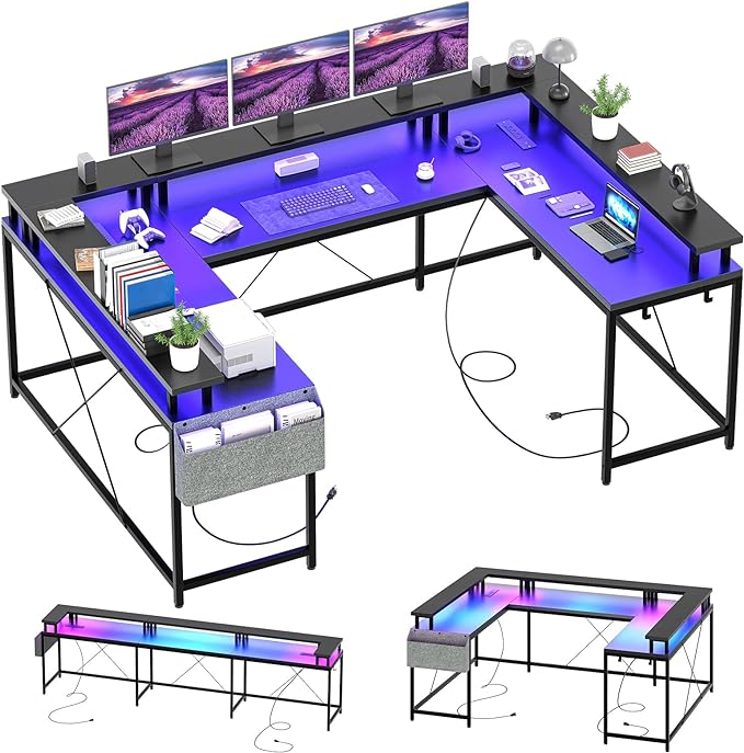 U Shaped Computer Gaming Desk, Reversible L Shaped Desk with Power Outlets, LED Strip & Monitor Stand, Large Corner Desk with Storage Shelves for Home Office, Black - LeafyLoom