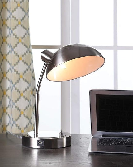 Ore International HBL2128 Leone Flexible Neck Metal Student Task Desk Lamp with USB Port, Brush Silver - LeafyLoom