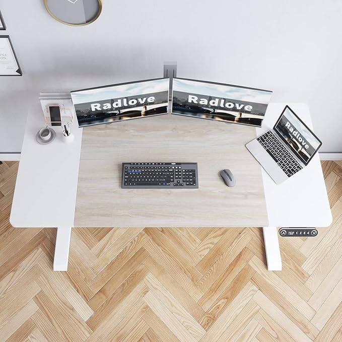 Radlove Electric Height Adjustable Standing Desk, 63x 30 Inches Stand Up Desk Workstation, Splice Board Home Office Computer Standing Table Ergonomic Desk (White+ Oak, 63x30'') - LeafyLoom