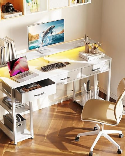 AODK 55 inch Computer Desk with 3 Drawers, Gaming Desk with LED Lights & Power Outlets, Home Office Desk with Storage Shelves & Monitor Stand, Modern Work Study Writing Table for Small Spaces, White - LeafyLoom