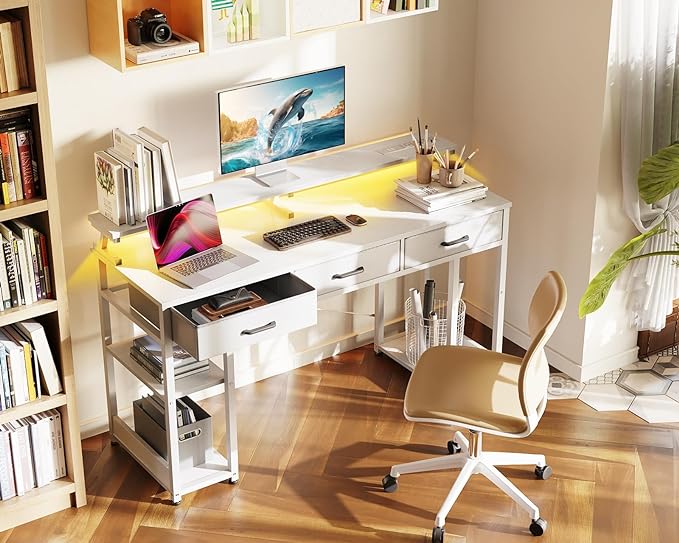 AODK 55 inch Computer Desk with 3 Drawers, Gaming Desk with LED Lights & Power Outlets, Home Office Desk with Storage Shelves & Monitor Stand, Modern Work Study Writing Table for Small Spaces, White - LeafyLoom