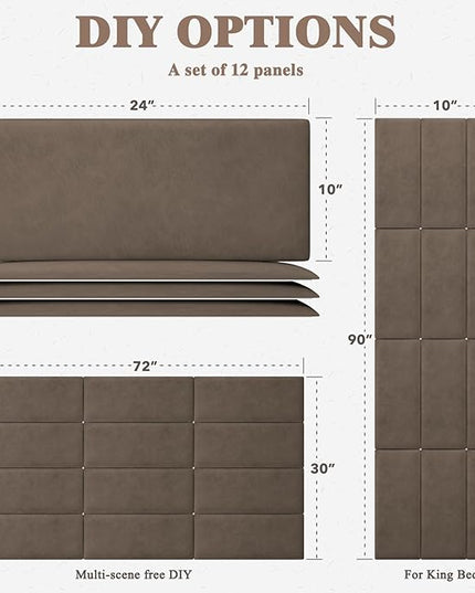 King Headboard, Wall Mounted Peel and Stick Headboard, Upholstered Leather Bed Headboard for King Size Bed, Floating Dorm Bedroom Tall Headboard Soundproof Wall Panels (12 Panels, 10"x24") - LeafyLoom