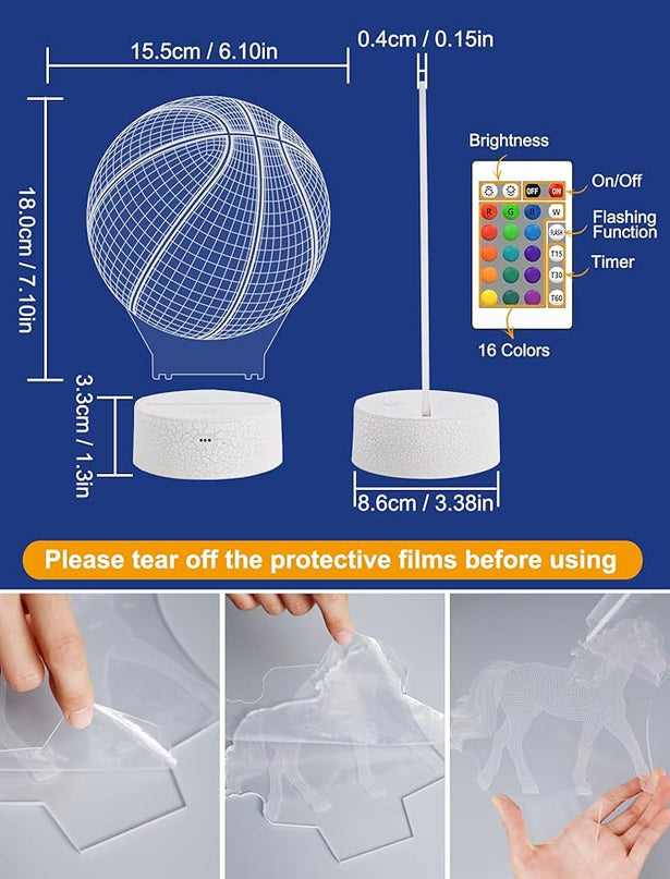 FULLOSUN Basketball Gift, Kids Basketball Night Light (with Remote Control), 3D Illumination Lights Boys Gift 16 Colors Changeable Kids Room Lighting Creative Decoration... (Basketball) - LeafyLoom