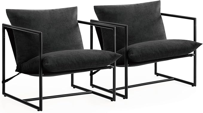 ZINUS Aidan Sling Accent Chair, Pack of 2, Metal Framed Armchair with Shredded Foam Cushioning, Black - LeafyLoom