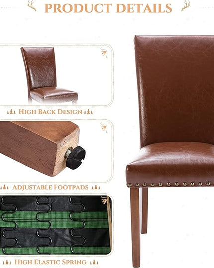 Parsons Dining Chairs Set of 6, Upholstered Nailhead PU Leather Dining Room Kitchen Side Chair with Thick Cushions and Wood Legs, Light Brown - LeafyLoom