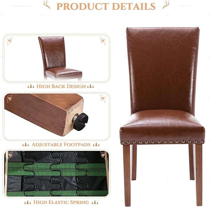 Parsons Dining Chairs Set of 6, Upholstered Nailhead PU Leather Dining Room Kitchen Side Chair with Thick Cushions and Wood Legs, Light Brown - LeafyLoom