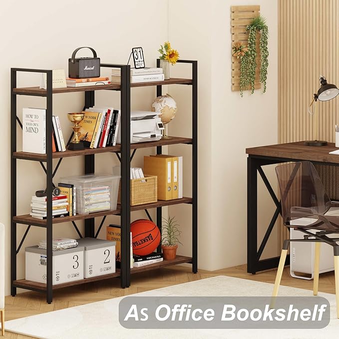 BON AUGURE Industrial 4 Tier Bookshelf, Modern Open Etagere Bookcase, Wood Metal Vintage Shelving Unit for Office Bedroom and Living Room (Rustic Oak) - LeafyLoom