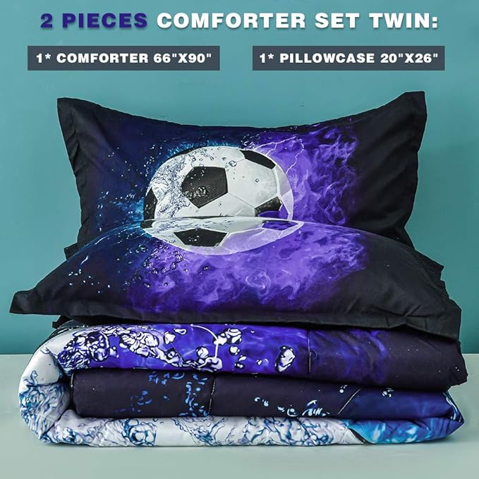 Andency Soccer Comforter Twin(66x90 Inch), 2 Pieces(1 Soccer Comforter, 1 Pillowcase) Blue Flame Soccer Comforter Set Sport Microfiber Bedding Set for Boy Girl Kids, Teen - LeafyLoom