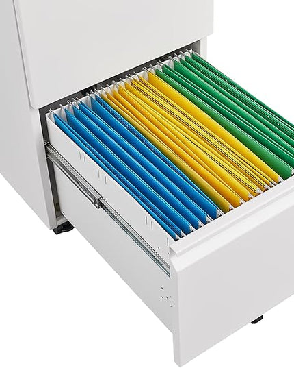 2 Drawer Mobile Lock and Casters,Pre-Assembled Metal Office Storage Filing Cabinets w/Anti-Dumping Fifth Round,for Letter/Legal/A4 Size,White - LeafyLoom