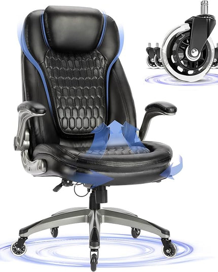 COLAMY Office Chair-Ergonomic Computer Desk Chair with Thick Seat for Comfort, High Back Executive Chair with Padded Flip-up Arms, Stylish Leather Chair with Upgraded Caster for Swivel (Black, 300lbs) - LeafyLoom