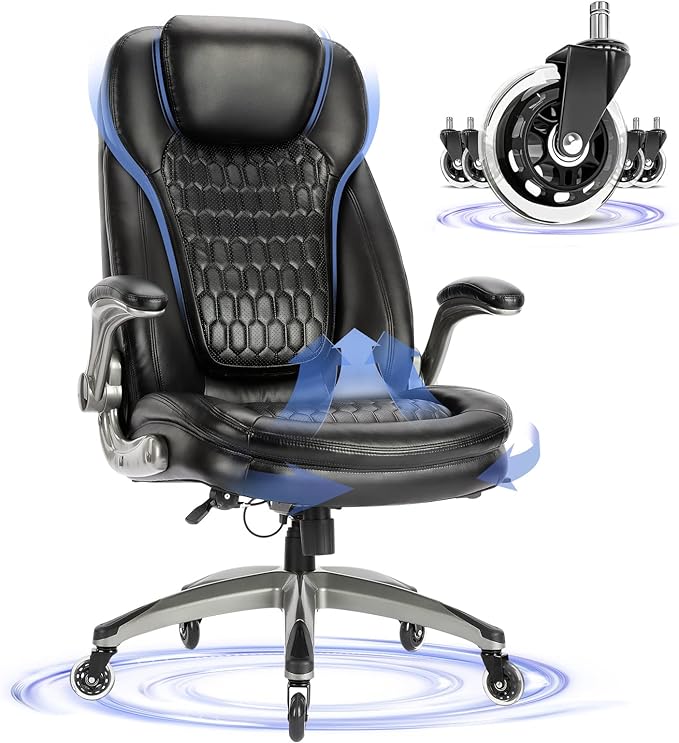 COLAMY Office Chair-Ergonomic Computer Desk Chair with Thick Seat for Comfort, High Back Executive Chair with Padded Flip-up Arms, Stylish Leather Chair with Upgraded Caster for Swivel (Black, 300lbs) - LeafyLoom