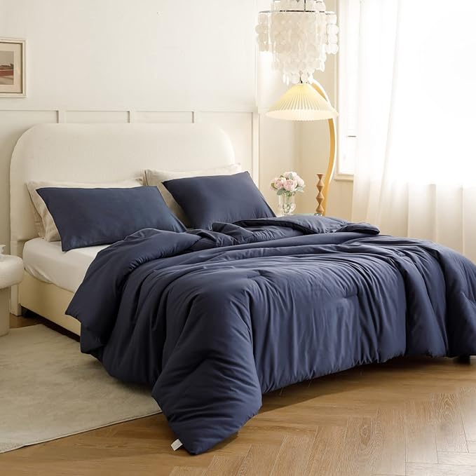 ROSGONIA Navy Blue Comforter Set Queen, 3pcs (1 Boho Blue Comforter & 2 Pillowcases) All Season Soft Bedding Lightweight Bedspread Blanket Quilt - LeafyLoom