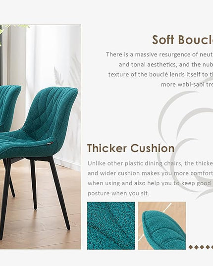 YOUNUOKE Comfortable Dining Chairs Set of 2, Mid-Century Modern Kitchen Dining Room Chairs, Upholstered Backrest Boucle Dining Chair with Black Metal, Pine Green - LeafyLoom
