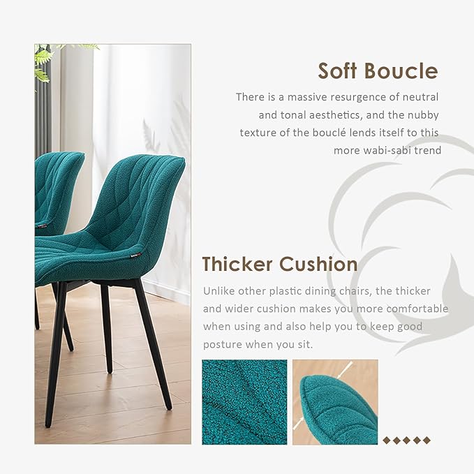 YOUNUOKE Comfortable Dining Chairs Set of 2, Mid-Century Modern Kitchen Dining Room Chairs, Upholstered Backrest Boucle Dining Chair with Black Metal, Pine Green - LeafyLoom