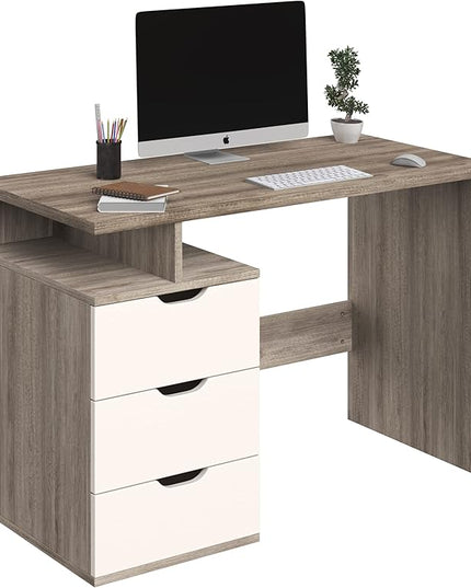 Lavish Home Contemporary Desk with Attached 3-Drawer File Cabinet for Home Office, Bedroom, Computer, or Craft Table, 43-Inch Long, White and Natural - LeafyLoom