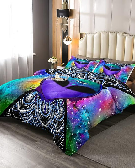 Erosebridal Trippy Alien Comforter Set Twin, Boho Tie Dye Bedding Sets for Kids Teens Adult Galaxy Outer Space Down Comforter Psychedelic Hippie Skull Duvet Sets 2 Pieces with 1 Pillow Case - LeafyLoom