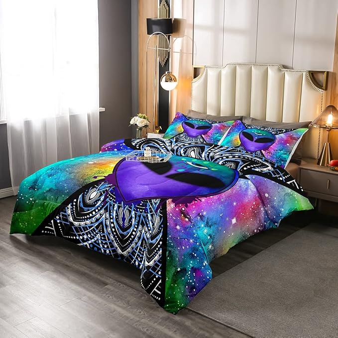 Erosebridal Trippy Alien Comforter Set Twin, Boho Tie Dye Bedding Sets for Kids Teens Adult Galaxy Outer Space Down Comforter Psychedelic Hippie Skull Duvet Sets 2 Pieces with 1 Pillow Case - LeafyLoom