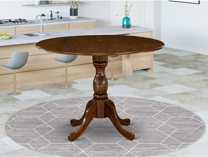 East West Furniture DMT-AWA-TP Dublin Kitchen Dining Table - a Round Wooden Table Top with Dropleaf & Pedestal Base, 42x42 Inch, Walnut - LeafyLoom