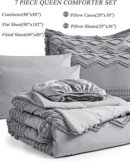 KAKIJUMN Grey 7-Piece Bohemian Geometric Tufted Comforter Set, All Season Microfiber Bedding Set(Queen) - LeafyLoom