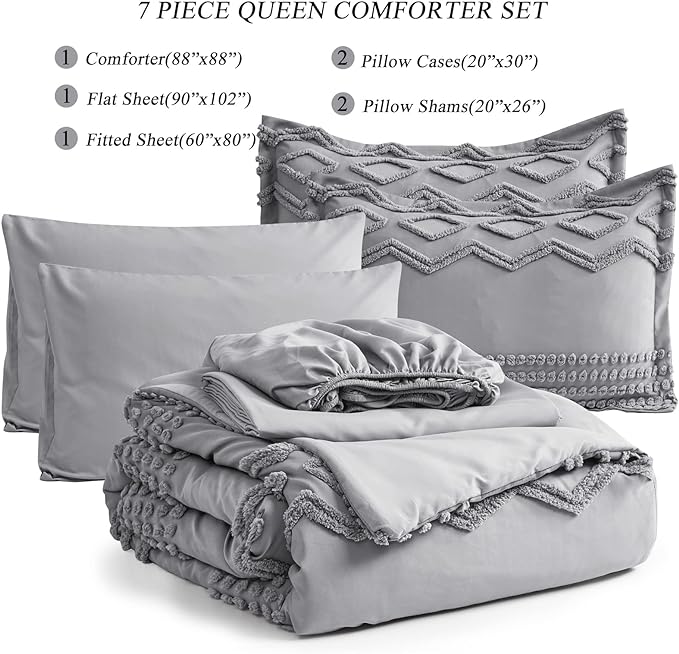 KAKIJUMN Grey 7-Piece Bohemian Geometric Tufted Comforter Set, All Season Microfiber Bedding Set(Queen) - LeafyLoom
