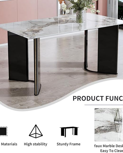 NicBex Modern Minimalist Rectangular Dining Table White Imitation Marble Tabletop, MDF Table Legs with Gold Metal Decorative Strips Suitable for Restaurant and Living Room, White - LeafyLoom