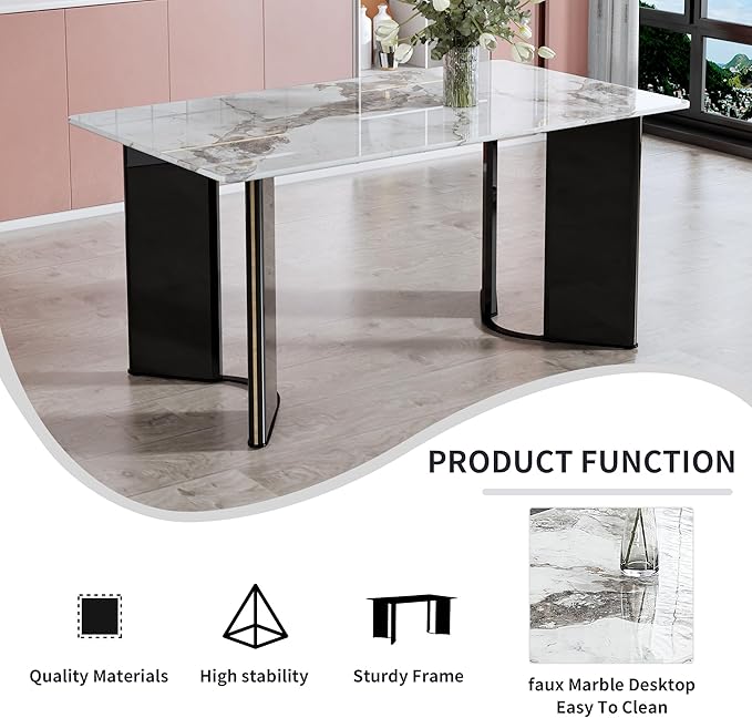 NicBex Modern Minimalist Rectangular Dining Table White Imitation Marble Tabletop, MDF Table Legs with Gold Metal Decorative Strips Suitable for Restaurant and Living Room, White - LeafyLoom