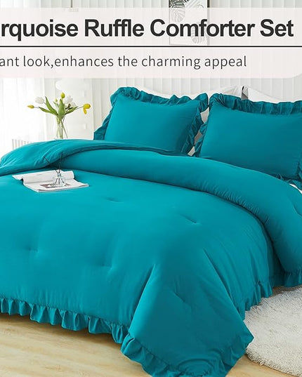Andency California King Comforter Set Turquoise (104x96Inch), 3 Pieces Cal King Ruffle Comforter, Oversized Farmhouse Shabby Chic Bed Comforter, Lightweight and Soft Microfiber Bedding Set - LeafyLoom