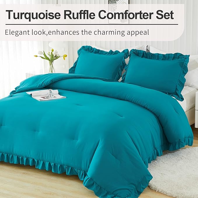 Andency California King Comforter Set Turquoise (104x96Inch), 3 Pieces Cal King Ruffle Comforter, Oversized Farmhouse Shabby Chic Bed Comforter, Lightweight and Soft Microfiber Bedding Set - LeafyLoom