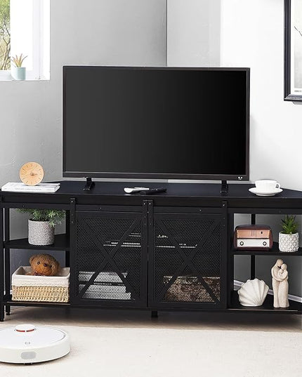 HOMISSUE Corner TV Stand, Corner TV Stand for 55 60 Inch TV, Industrial & Farmhouse Corner Entertainment Center w/Sliding Barn Door, Corner TV Cabinet for Living Room, Black - LeafyLoom