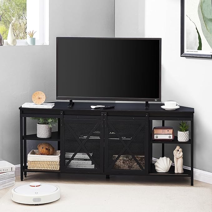 HOMISSUE Corner TV Stand, Corner TV Stand for 55 60 Inch TV, Industrial & Farmhouse Corner Entertainment Center w/Sliding Barn Door, Corner TV Cabinet for Living Room, Black - LeafyLoom