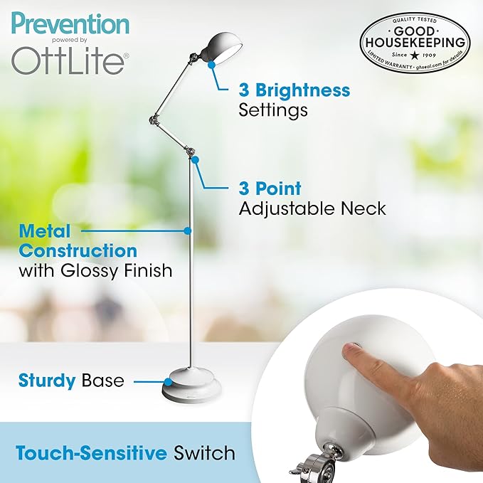 OttLite Pharmacy Adjustable LED Floor Lamp, Prevention Series - Designed to Reduce Eyestrain - 3-Point Adjustable Neck, 3 Brightness Settings with Touch Controls - Office Work, Reading & Studying - LeafyLoom