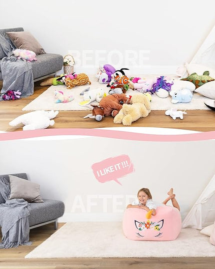 Aubliss Unicorn Stuffed Animal Storage Bean Bag Chair for Kids, Velvet Extra Soft Beanbag Chairs Cover, X-Large Stuffable Zipper Bean Bag for Organizing Plush Toys Girls Bedroom Decor, Pink Floral - LeafyLoom
