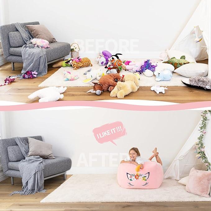 Aubliss Unicorn Stuffed Animal Storage Bean Bag Chair for Kids, Velvet Extra Soft Beanbag Chairs Cover, X-Large Stuffable Zipper Bean Bag for Organizing Plush Toys Girls Bedroom Decor, Pink Floral - LeafyLoom