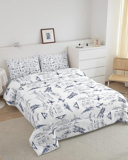 Feelyou Aircraft Bedding Set Kids Airplane Print Comforter Set Boys Girls Decor Aircraft Flying Comforter Cover Set Microfiber Sketch Style Blue White Duvet Set Bedroom Quilt Set Queen Size - LeafyLoom