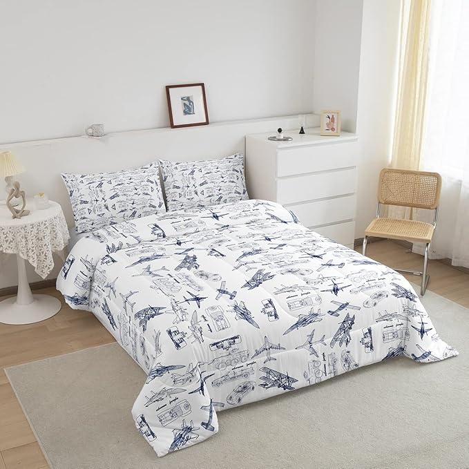 Feelyou Aircraft Bedding Set Kids Airplane Print Comforter Set Boys Girls Decor Aircraft Flying Comforter Cover Set Microfiber Sketch Style Blue White Duvet Set Bedroom Quilt Set Queen Size - LeafyLoom