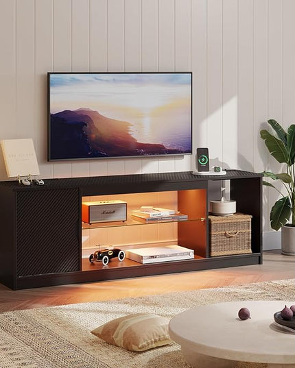 Bestier LED TV Stand with Power Outlets for 55/60/65 Inch TV, Gaming Entertainment Center with Cabinet for PS5, Modern TV Cabinet with Adjustable Glass Shelves for Living Room, Bedroom 58 Inch,Black - LeafyLoom