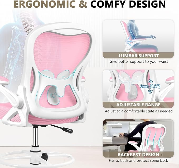 Drafting Chair, Tall Office Chair Ergonomic Standing Desk chair, Lumbar Support Computer Chair Swivel Task Rolling Chair with Adjustable Flip-up Armrests & Foot Ring (Pink) - LeafyLoom