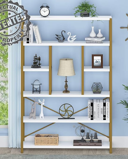 LVB Gold Book Shelf Organizer, Large Tall 6 Tier Bookshelves Storage, Big Modern Metal Wooden 6 Shelf Bookcase, Farmhouse Open Display Vertical Bookshelf for Bedroom Living Room Office, White and Gold - LeafyLoom