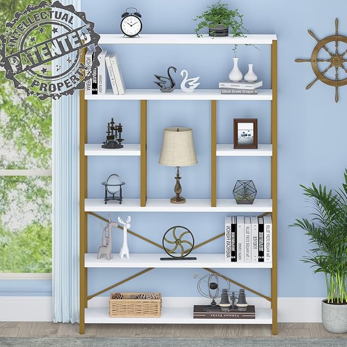 LVB Gold Book Shelf Organizer, Large Tall 6 Tier Bookshelves Storage, Big Modern Metal Wooden 6 Shelf Bookcase, Farmhouse Open Display Vertical Bookshelf for Bedroom Living Room Office, White and Gold - LeafyLoom