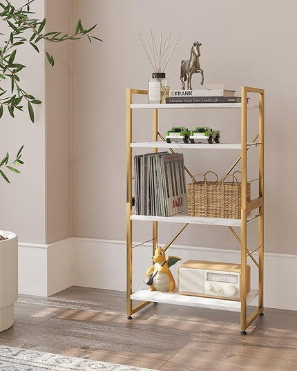 4 Tiers Bookshelf Adjustable White Faux Marble Organizer, Modern Small Bookcase for Small Space,Industrial Wooden Storage Display Rack and Storage Organizer for Living Room Home Office(Glod) - LeafyLoom
