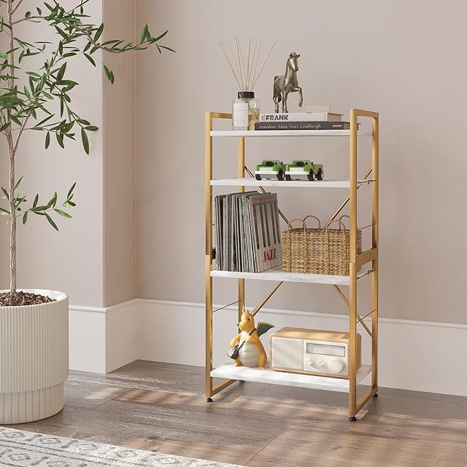 4 Tiers Bookshelf Adjustable White Faux Marble Organizer, Modern Small Bookcase for Small Space,Industrial Wooden Storage Display Rack and Storage Organizer for Living Room Home Office(Glod) - LeafyLoom