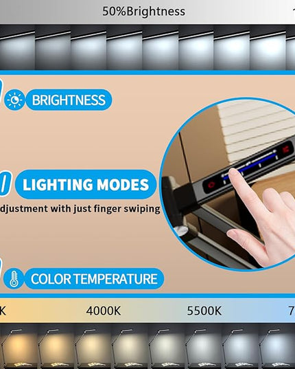 Space Saving LED Desk Lamps,Touch Adjustment 10 Color Temperatures &10 Brightness Eye-Caring Modes, Swing Arm Desk Light with Clamp，Lamp for Home Office 360° Spin Memory Function-Metallic Black - LeafyLoom