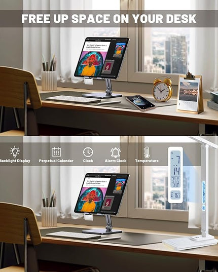 Led Desk Lamp with Wireless Charger, White Desk Lamps for Home Office with Clock, Alarm, Date, Temperature | Desk Light with Night Light, 46 Min Auto Timer | Touch Control Smart Lamp for College, Dorm - LeafyLoom