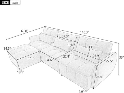 113.3" L-Shaped Sectional 3-Seat Sofa, Convertiblet Chenille Upholstered Couch with Movable Ottoman and two USB Ports for Apartment, Living Room, Bedroom, 113.3 Inch, Gray - LeafyLoom