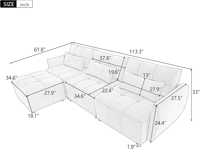 113.3" L-Shaped Sectional 3-Seat Sofa, Convertiblet Chenille Upholstered Couch with Movable Ottoman and two USB Ports for Apartment, Living Room, Bedroom, 113.3 Inch, Gray - LeafyLoom